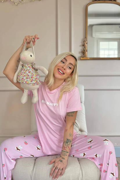 Açık Pembe Be Happy Desenli Bambu Kısa Kol Kadın Pijama Takımı - 2