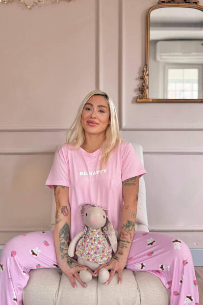 Açık Pembe Be Happy Desenli Bambu Kısa Kol Kadın Pijama Takımı - 3