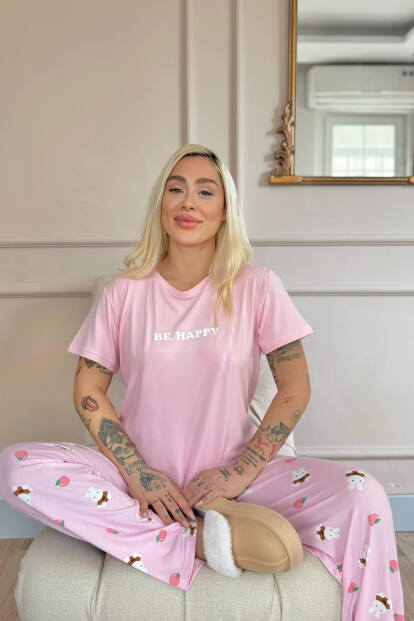 Açık Pembe Be Happy Desenli Bambu Kısa Kol Kadın Pijama Takımı - 4