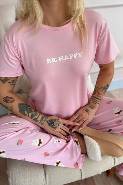 Açık Pembe Be Happy Desenli Bambu Kısa Kol Kadın Pijama Takımı - 5