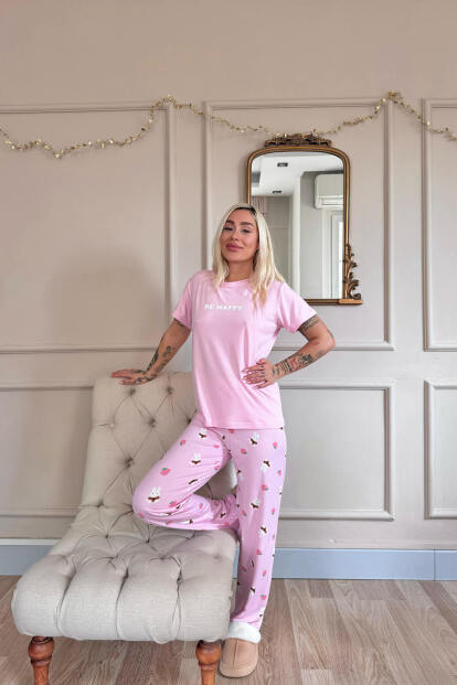 Açık Pembe Be Happy Desenli Bambu Kısa Kol Kadın Pijama Takımı - 6