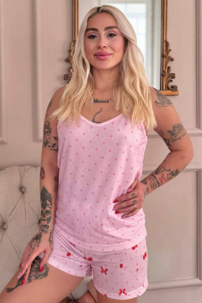 Açık Pembe Cherry Desenli İp Askılı Şortlu Kadın Pijama Takımı - Pijamaevi