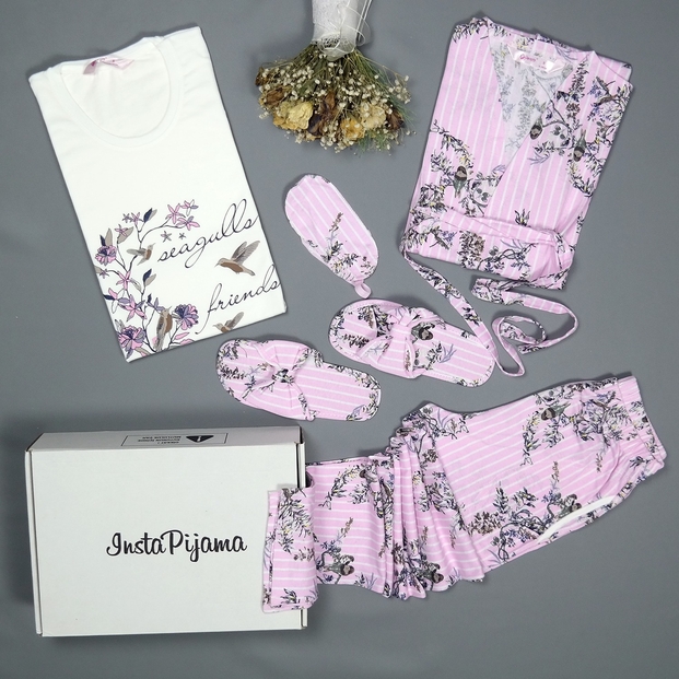 Açık Pembe Çiçek Kuş Desenli Sabahlıklı Pijama Takımı - 2