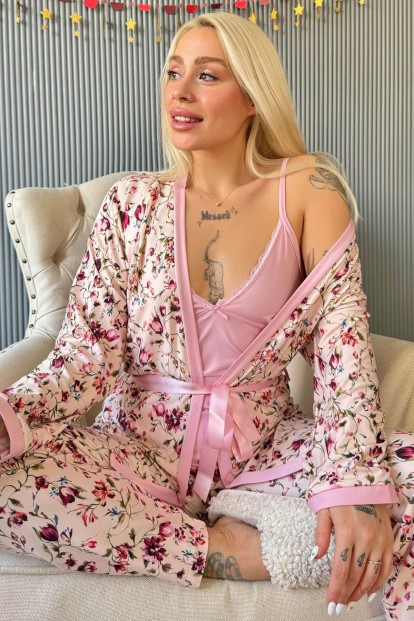 Açık Pembe Flore Exclusive Örme Sabahlıklı Kadın Pijama Takımı - 1