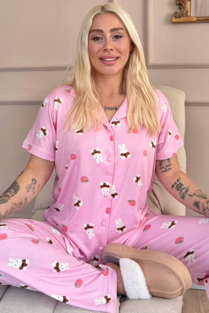 Açık Pembe Tavşan Desenli Bambu Önden Düğmeli Kısa Kol Pijama Takımı 