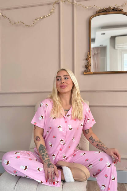 Açık Pembe Tavşan Desenli Bambu Önden Düğmeli Kısa Kol Pijama Takımı - 2
