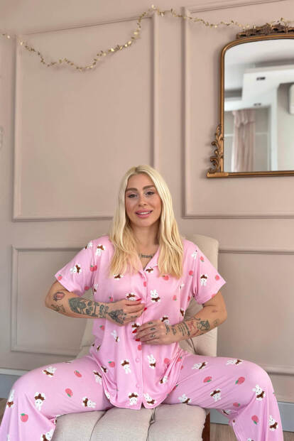 Açık Pembe Tavşan Desenli Bambu Önden Düğmeli Kısa Kol Pijama Takımı - 3