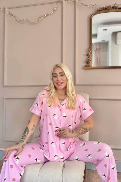 Açık Pembe Tavşan Desenli Bambu Önden Düğmeli Kısa Kol Pijama Takımı - 4