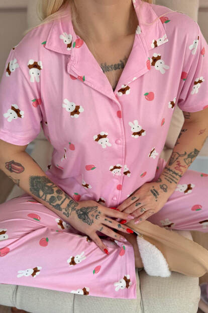 Açık Pembe Tavşan Desenli Bambu Önden Düğmeli Kısa Kol Pijama Takımı - 5