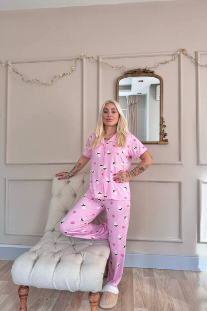 Açık Pembe Tavşan Desenli Bambu Önden Düğmeli Kısa Kol Pijama Takımı - 6