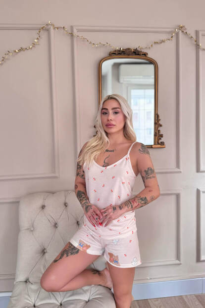 Açık Pudra Bear Desenli İp Askılı Şortlu Kadın Pijama Takımı - 3