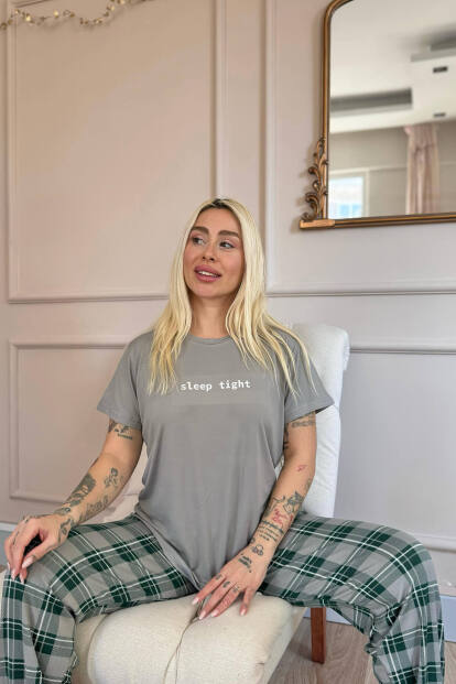 Antrasit Sleep Desenli Bambu Kısa Kol Kadın Pijama Takımı - 4