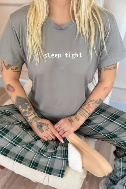 Antrasit Sleep Desenli Bambu Kısa Kol Kadın Pijama Takımı - 5