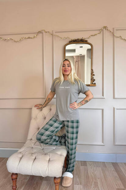 Antrasit Sleep Desenli Bambu Kısa Kol Kadın Pijama Takımı - 6