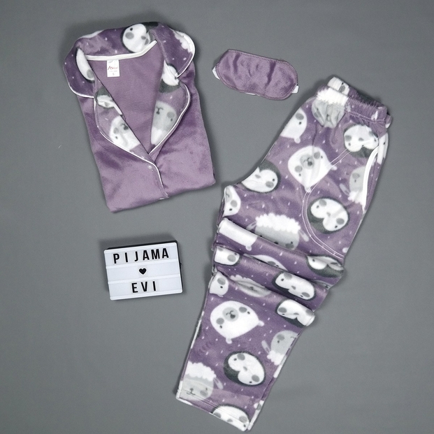 Asheep Desenli Kadın Önden Düğmeli Yumoş Peluş Pijama Takımı - 2