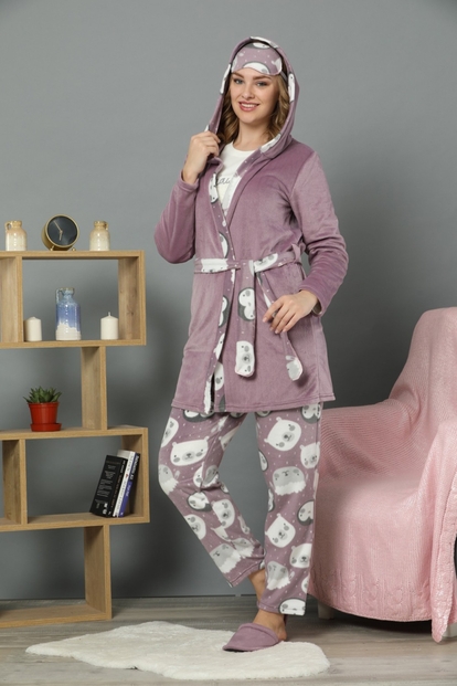 Asheep Desenli Sabahlıklı Peluş Pijama Takımı - 1