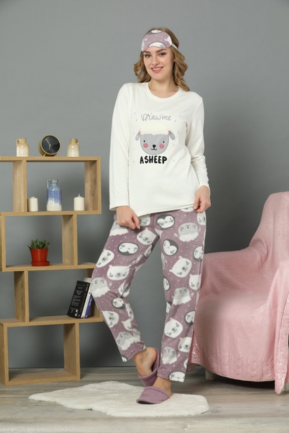 Asheep Desenli Sabahlıklı Peluş Pijama Takımı - 2