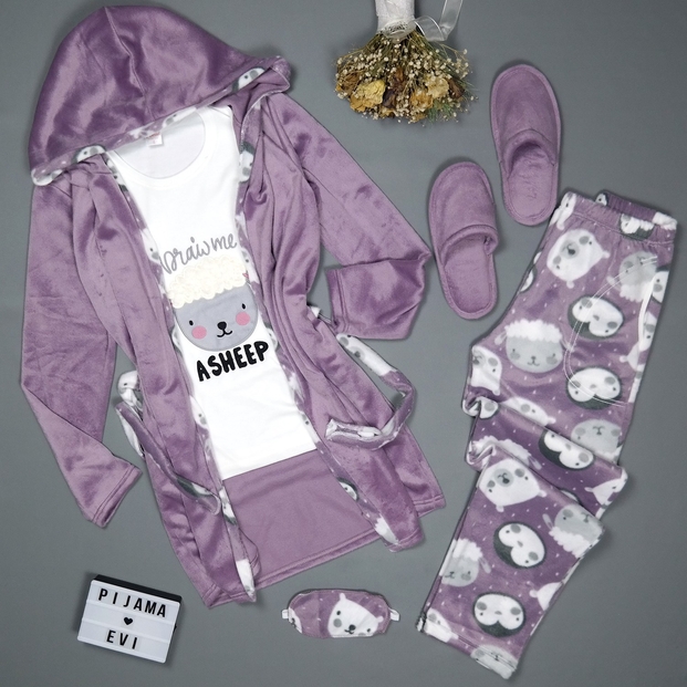 Asheep Desenli Sabahlıklı Peluş Pijama Takımı - 3