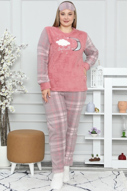 Ay Desenli Büyük Beden Battal Kadın Peluş Pijama Takımı - 2