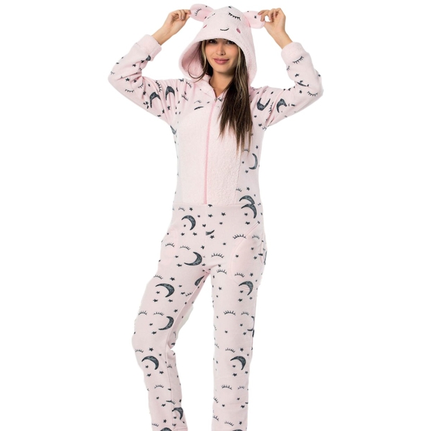 Ay Desenli Kadın Polar Peluş Tulum Pijama Takımı - 2