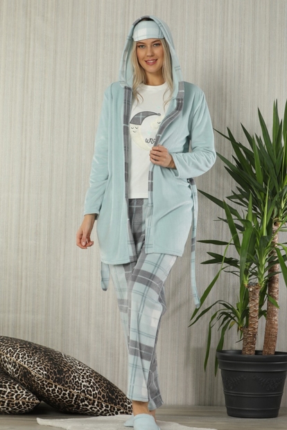 Ay Desenli Sabahlıklı Peluş Pijama Takımı - 1