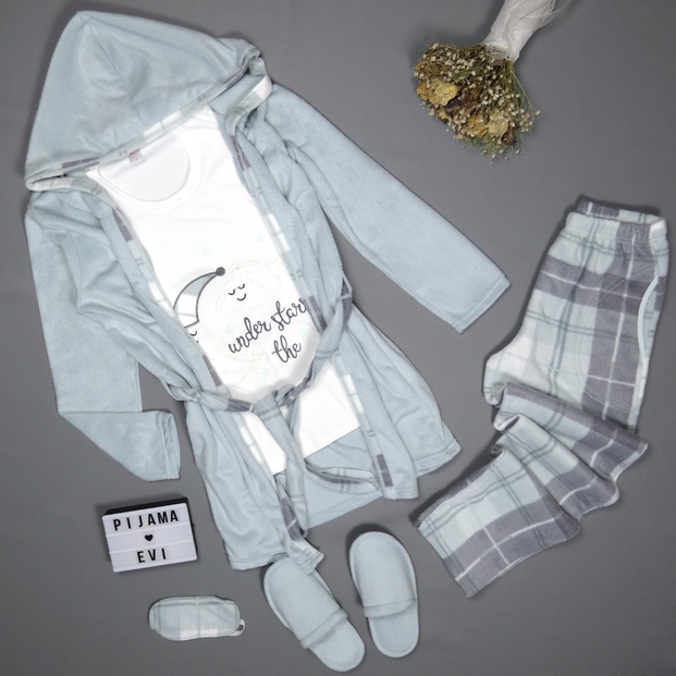 Ay Desenli Sabahlıklı Peluş Pijama Takımı - 3