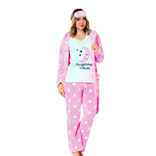 Ay Desenli Sabahlıklı Peluş Pijama Takımı - 1