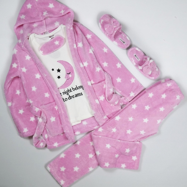 Ay Desenli Sabahlıklı Peluş Pijama Takımı - 3