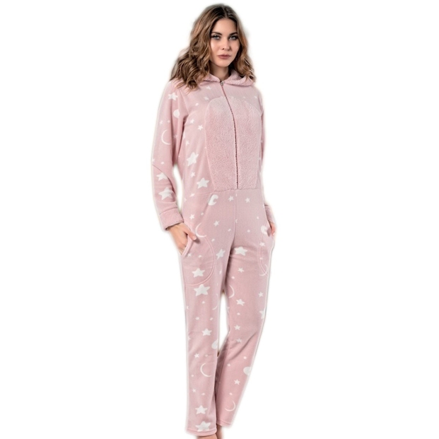 Ay Yıldız Desenli Bayan Polar Tulum Pijama - 2