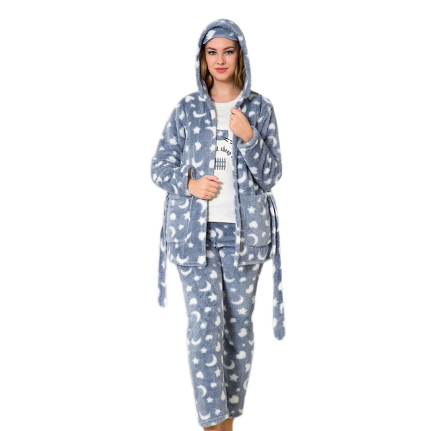 Ay Yıldız Sabahlıklı Peluş Pijama Takımı - 1
