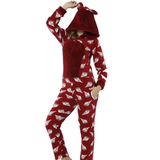 Ayıcık Desenli Kadın Polar Peluş Tulum Pijama Takımı - 2