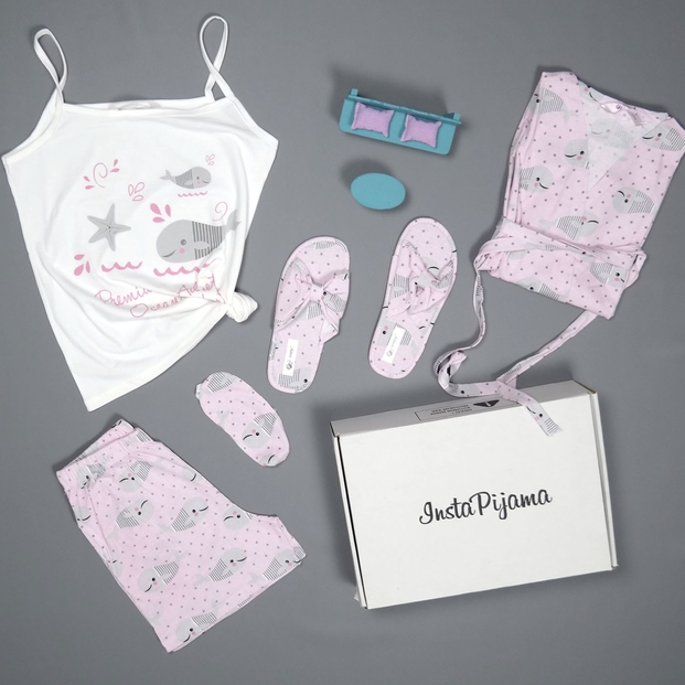 Balık Desenli Şortlu Sabahlıklı Pijama Takımı - 3