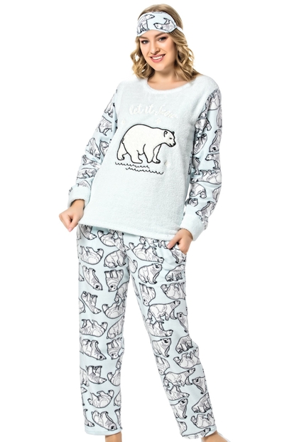 Bear Desenli Kadın Peluş Pijama Takımı - 1