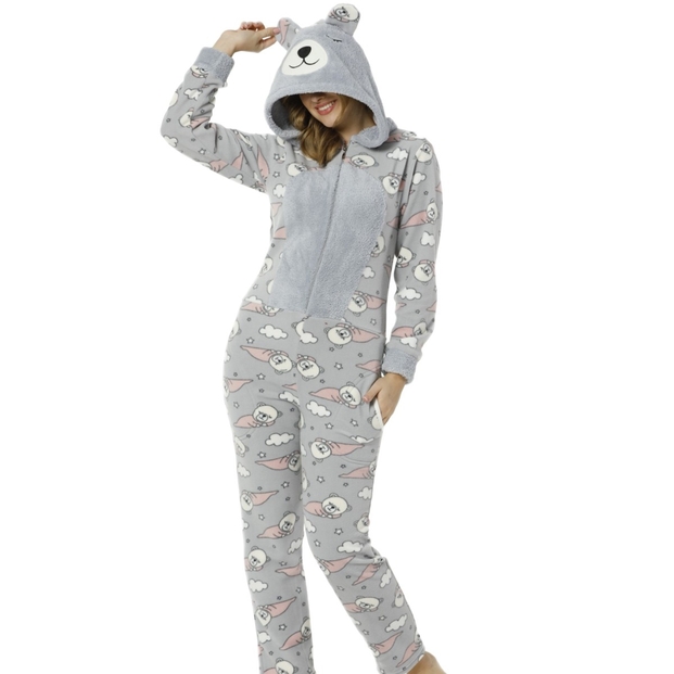 Bear Desenli Kadın Polar Peluş Tulum Pijama Takımı - 1