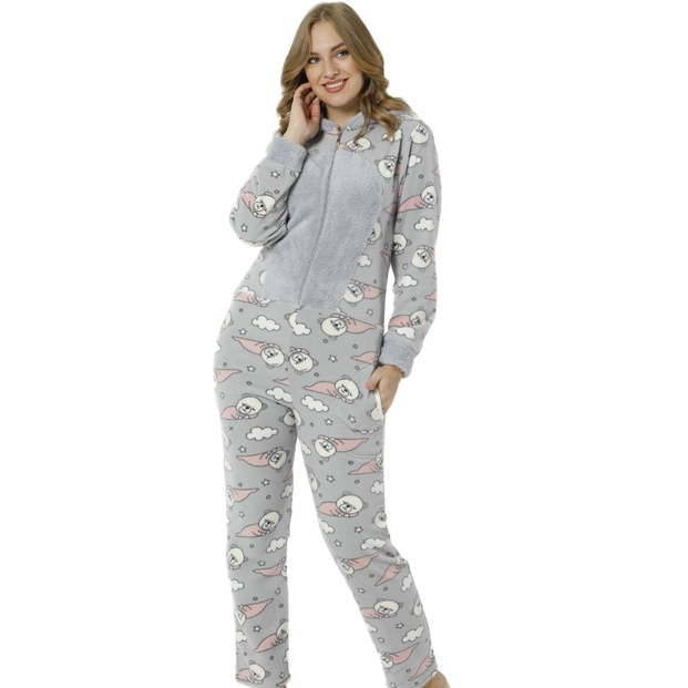 Bear Desenli Kadın Polar Peluş Tulum Pijama Takımı - 2