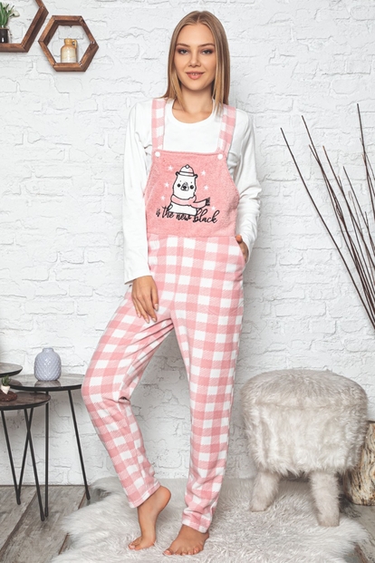 Bear Desenli Kadın Polar Peluş Tulum Pijama Takımı - 1