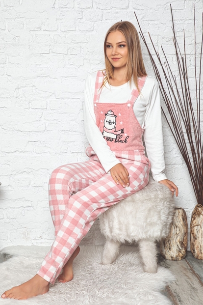 Bear Desenli Kadın Polar Peluş Tulum Pijama Takımı - 2