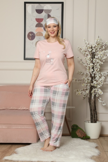 Bear Desenli Kısa Kollu Büyük Beden Battal Pijama Takımı - 2