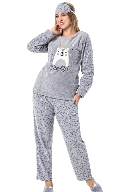 Beautiful Desenli Kadın Peluş Pijama Takımı - 1