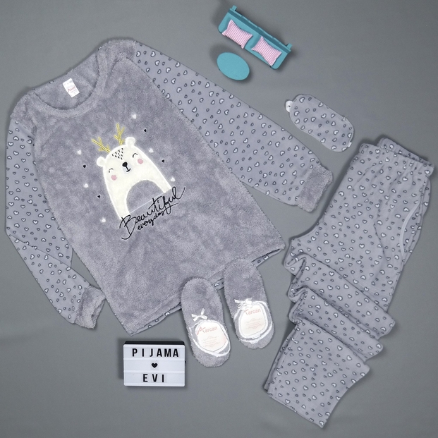 Beautiful Desenli Kadın Peluş Pijama Takımı - 2