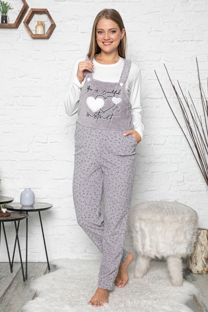 Beautiful Desenli Kadın Polar Peluş Tulum Pijama Takımı - 1