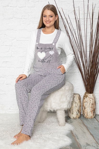 Beautiful Desenli Kadın Polar Peluş Tulum Pijama Takımı - 2