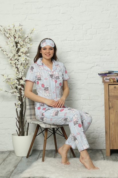 Bebe Mavisi Bear Rabbit Desenli Önden Düğmeli Kısa Kollu Pijama Takımı - 1