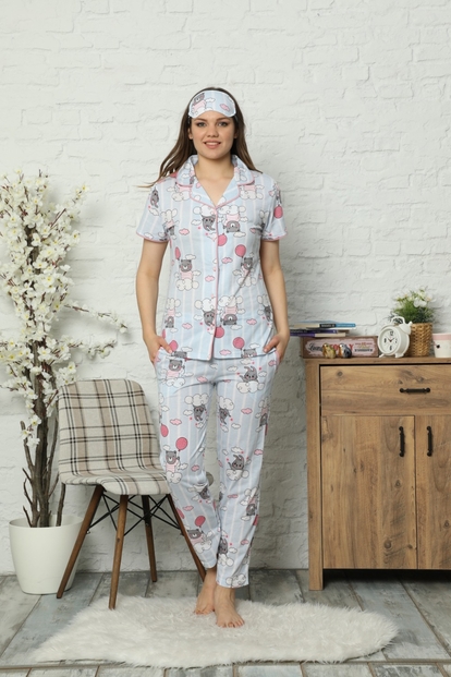Bebe Mavisi Bear Rabbit Desenli Önden Düğmeli Kısa Kollu Pijama Takımı - 2