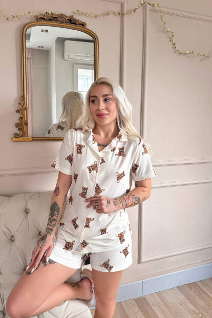 Beige Teddy Desenli Kısa Kol Şortlu Önden Düğmeli Kadın Pijama Takımı - 2