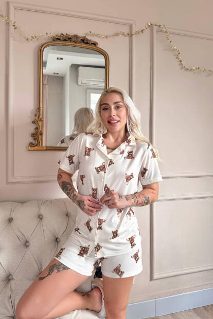 Beige Teddy Desenli Kısa Kol Şortlu Önden Düğmeli Kadın Pijama Takımı - 3