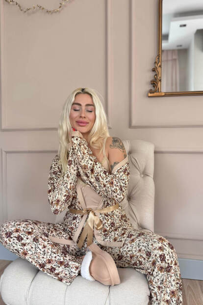 Bej Autumn Blossom Exclusive Örme Sabahlıklı Kadın Pijama Takım - 2