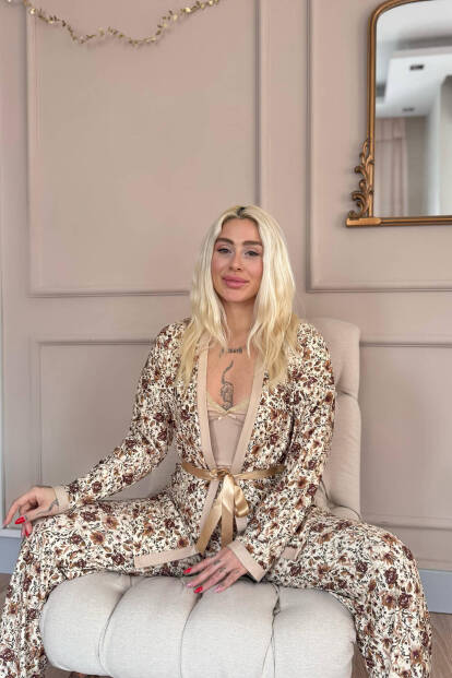 Bej Autumn Blossom Exclusive Örme Sabahlıklı Kadın Pijama Takım - 3