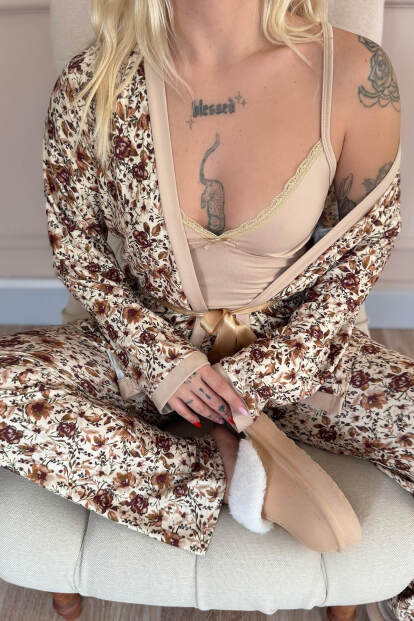 Bej Autumn Blossom Exclusive Örme Sabahlıklı Kadın Pijama Takım - 5
