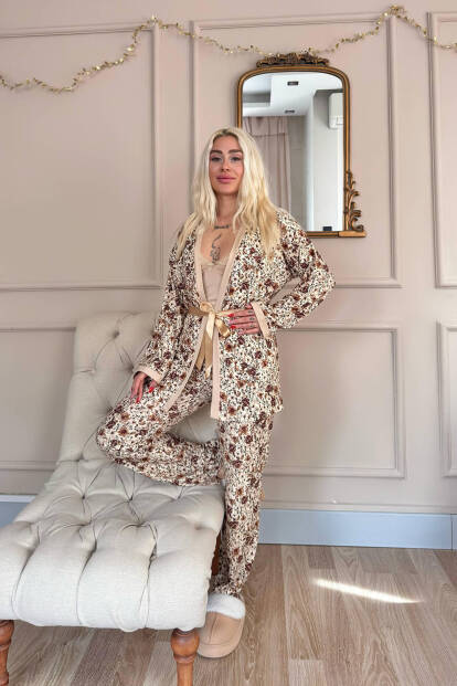 Bej Autumn Blossom Exclusive Örme Sabahlıklı Kadın Pijama Takım - 6
